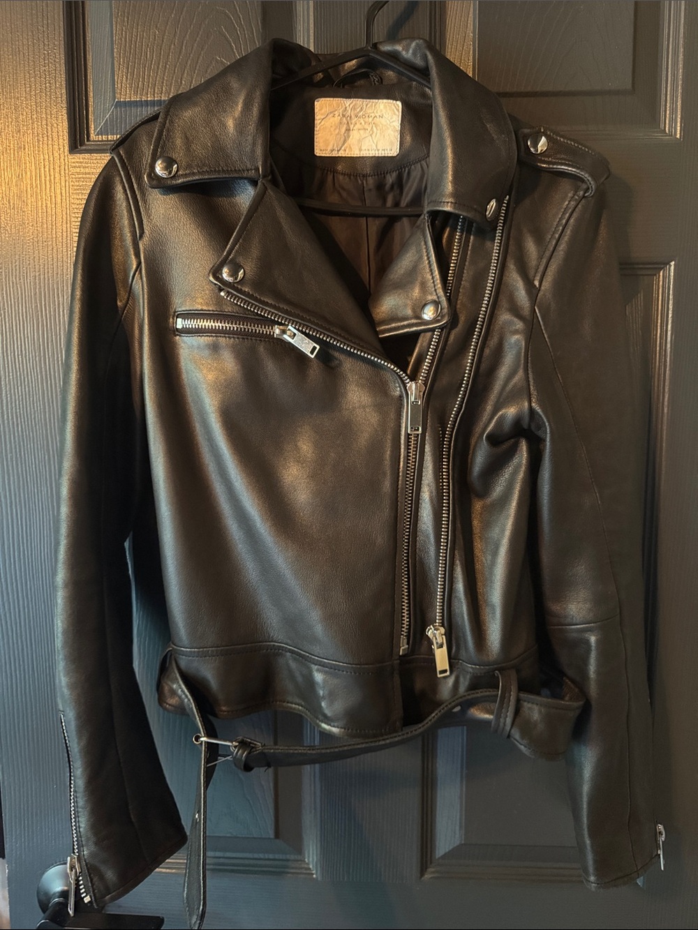 Zara Black Leather Moto Jacket with Asymmetric Zip